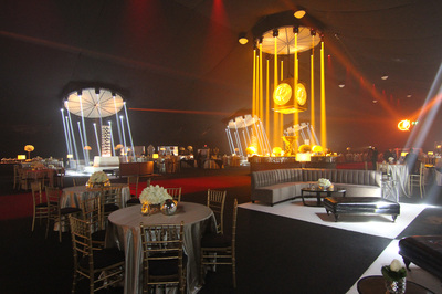 Elaborate lighting effects transformed the Event Deck into The Capitol from the Hunger Games for the premiere after party.