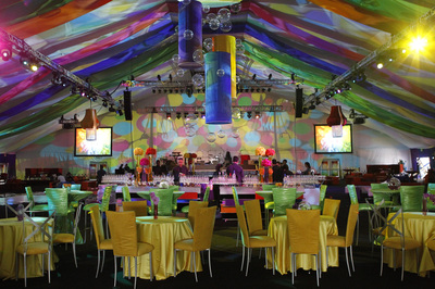 Tables and a colorful stage transformed the Event Deck into a unique lounge.