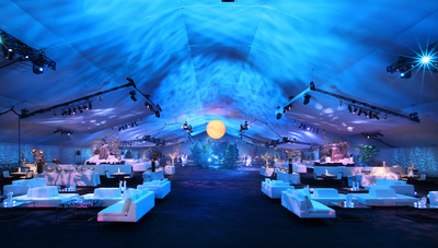 Brilliant blue lighting and a faux moon created a memorable event space on the Event Deck.