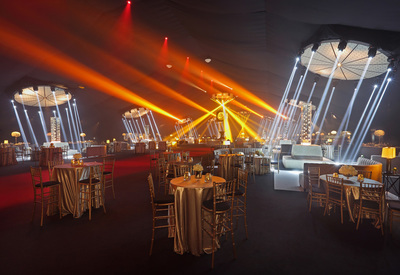 Laser-like lighting transformed the Event Deck into The Capitol from the Hunger Games.