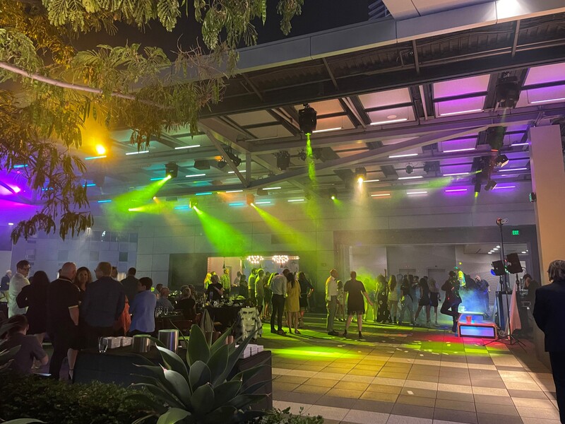 Colorful spotlights shine at The Rooftop Terrace.